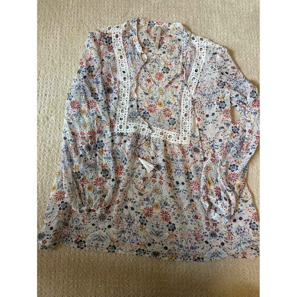 Women's L Loose Flowy Peasant Floral Boho Crochet Tassel Romantic Top Sheer